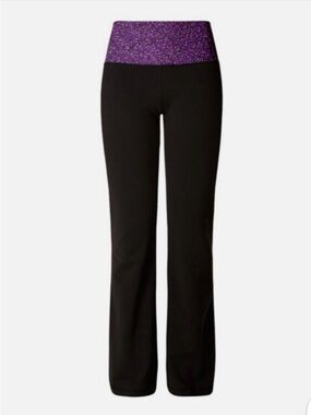 lululemon Black Flared Yoga Pants with Purple Glitter Waistband Sz 10 hemmed 30”